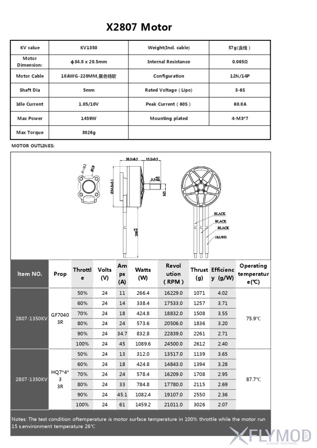 Характеристики Бесколлекторный мотор Flymod Gravity X2807 1350KV