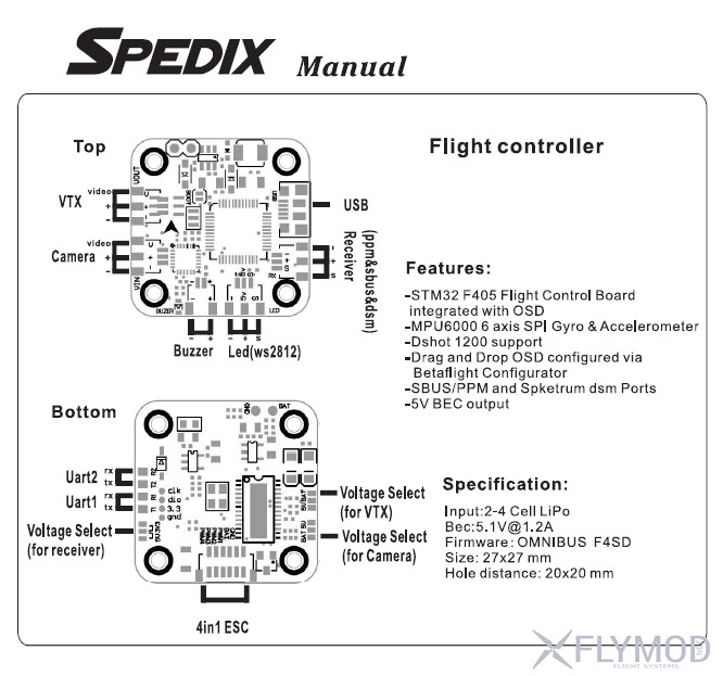 Контроллер полета spedix mini f4 со встроенным osd и bec 5v is100 flight controller
