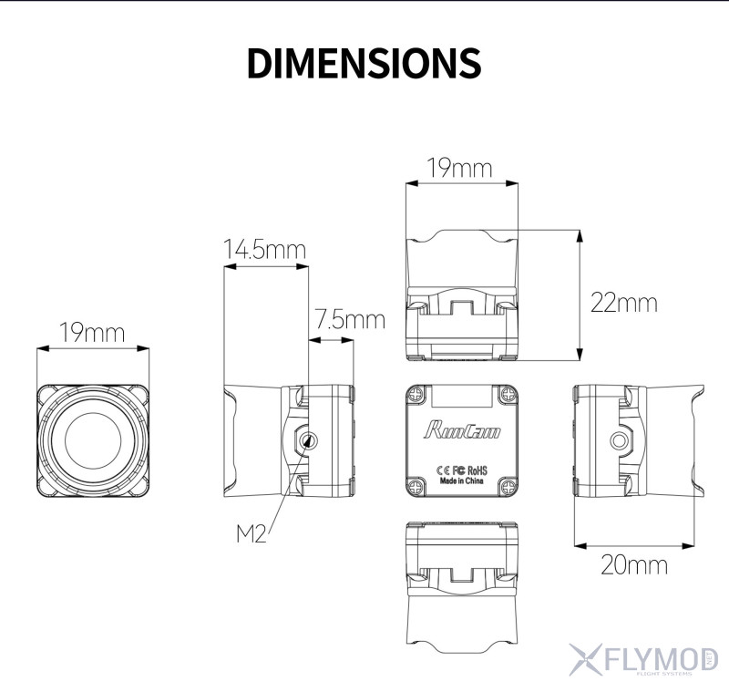 Размеры Камера RunCam Phoenix 2 1000TVL 1 2  CMOS 4 3 16 9 PAL NTSC Special Edition