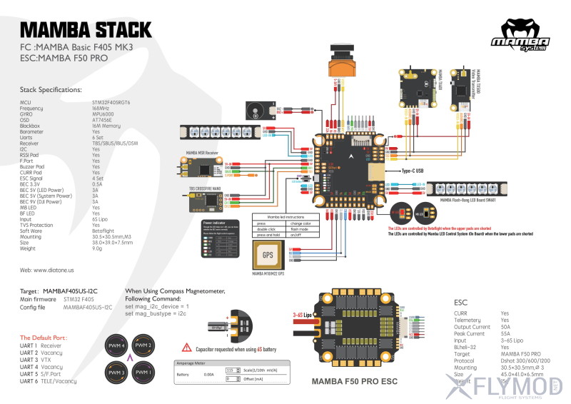 Полётный стек diatone mamba basic f405 mk3 50a 6s stack wiring scheme diagram