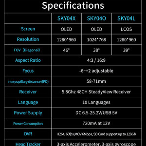 Видео очки для FPV Skyzone SKY04O 5 8G OLED с приёмником SteadyView характеристики