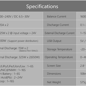 Технические характеристики Зарядное устройство HOTA D6 Pro Dual 325W 15A 1-6S LiPo AC DC