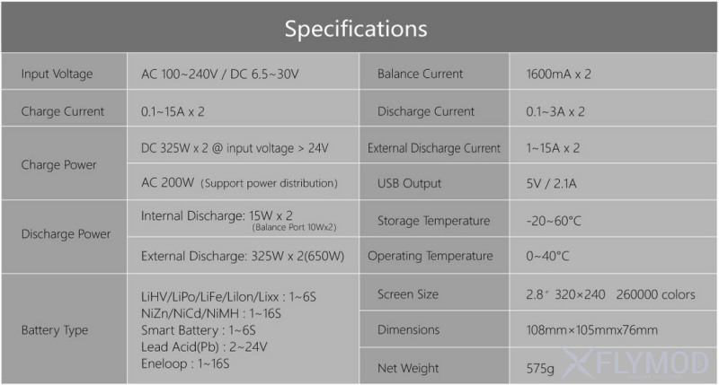 Технические характеристики Зарядное устройство HOTA D6 Pro Dual 325W 15A 1-6S LiPo AC DC