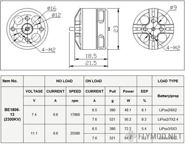 Dys BE1806 2300KV бесколлекторные моторы для мини коптеров  Схема