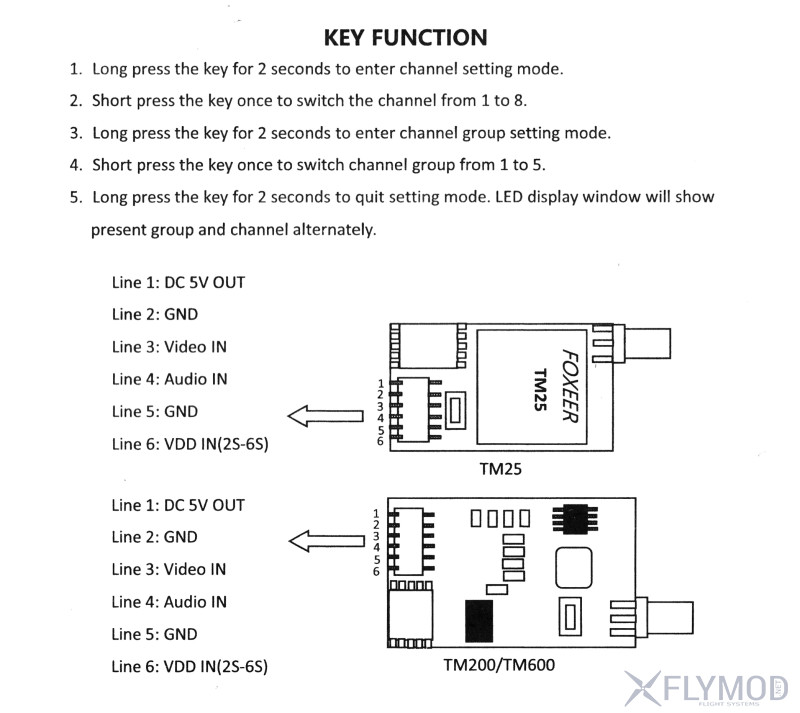 разъемы и подключение  схема  Видео передатчик Foxeer TM200 FPV Mini 5 8G 40CH 200mW VTx Race Band для FPV