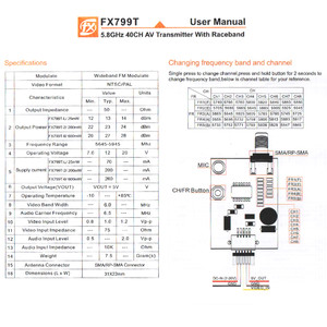 Видео передатчик FX799T mini на 200 mW на 40 каналов 5 8G  Raceband характеристики распиновка