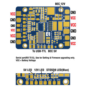 Распределительная плата Matek HUBOSD c бэками на 5V и 12V разьемы на плате  места подключения