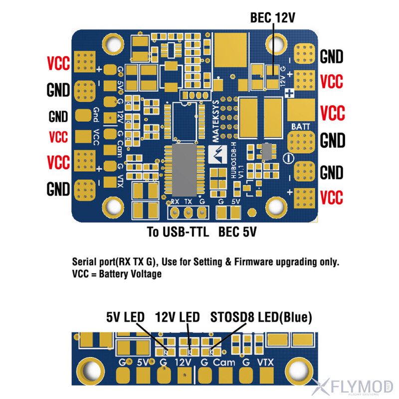 Распределительная плата Matek HUBOSD c бэками на 5V и 12V разьемы на плате  места подключения
