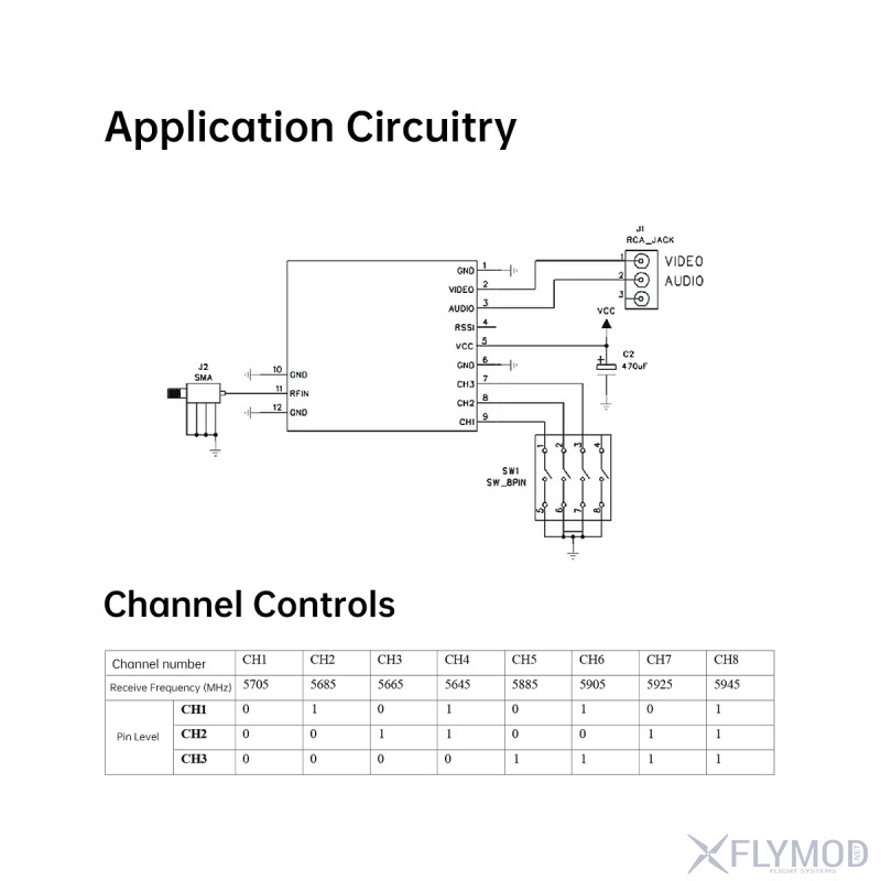 Модуль відео приймача RX5808 5 8G без SPI схема застосування керування каналами