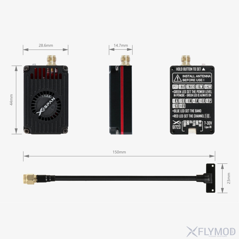 Відеопередавач RushFPV 6 1G-7 2G XSPAN 3W VTX dimensions розмір