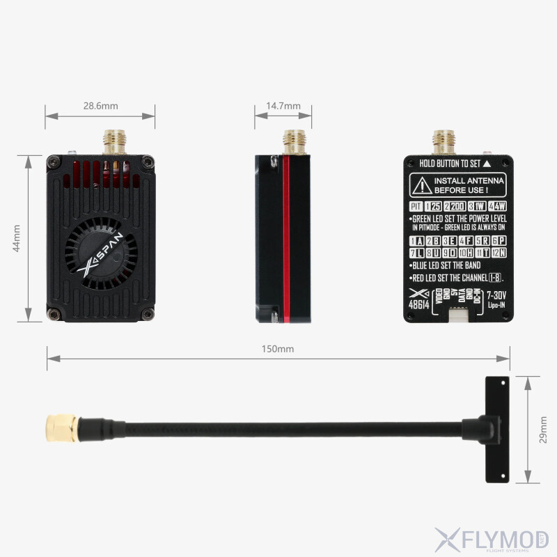 Відеопередавач RushFPV 4 8G-6 1G XSPAN 4W VTX dimensions розмір