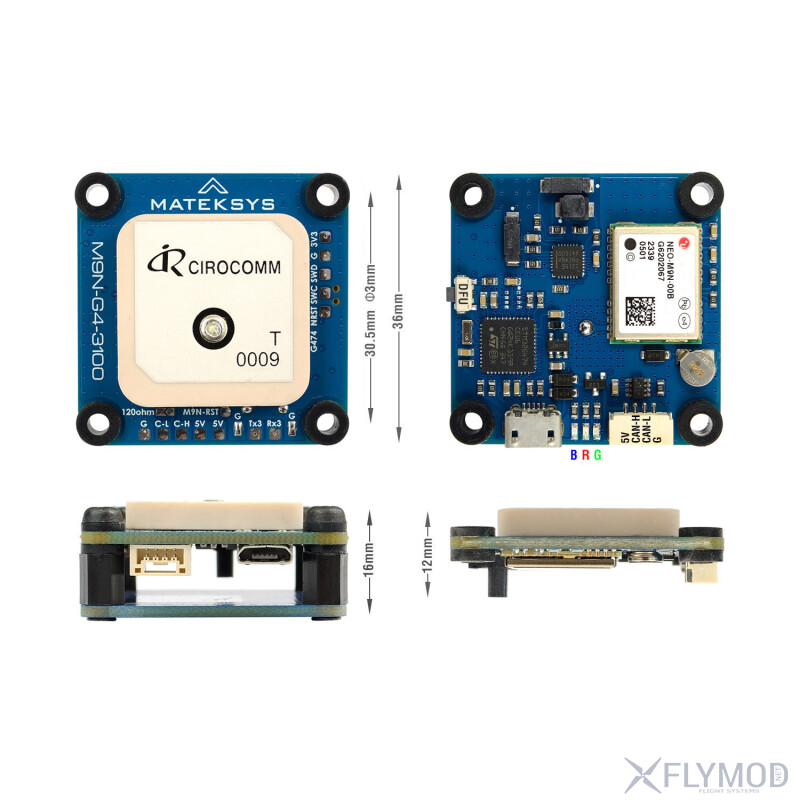 GPS модуль Matek GNSS M9N-G4-3100 з компасом dimensions розмір