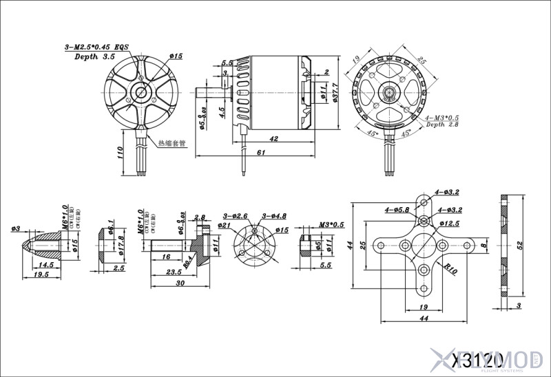 Безколекторний мотор SUNNYSKY X3120-III 760KV drawing креслення