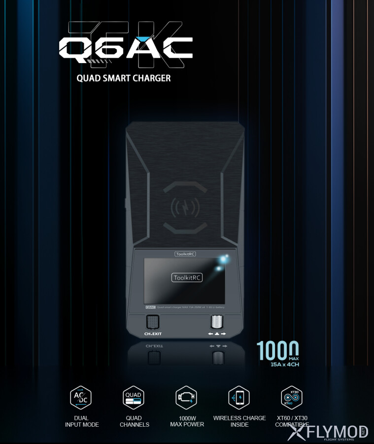 Зарядний пристрій ToolkitRC Q6AC AC 100Wx4 DC 250Wx4