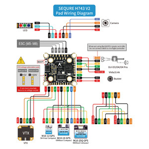 Стек контролю польоту SEQURE H743 V2 FC E130 E160 G2 ESC 4-12S 130A 160A wiring diagram схема підключення
