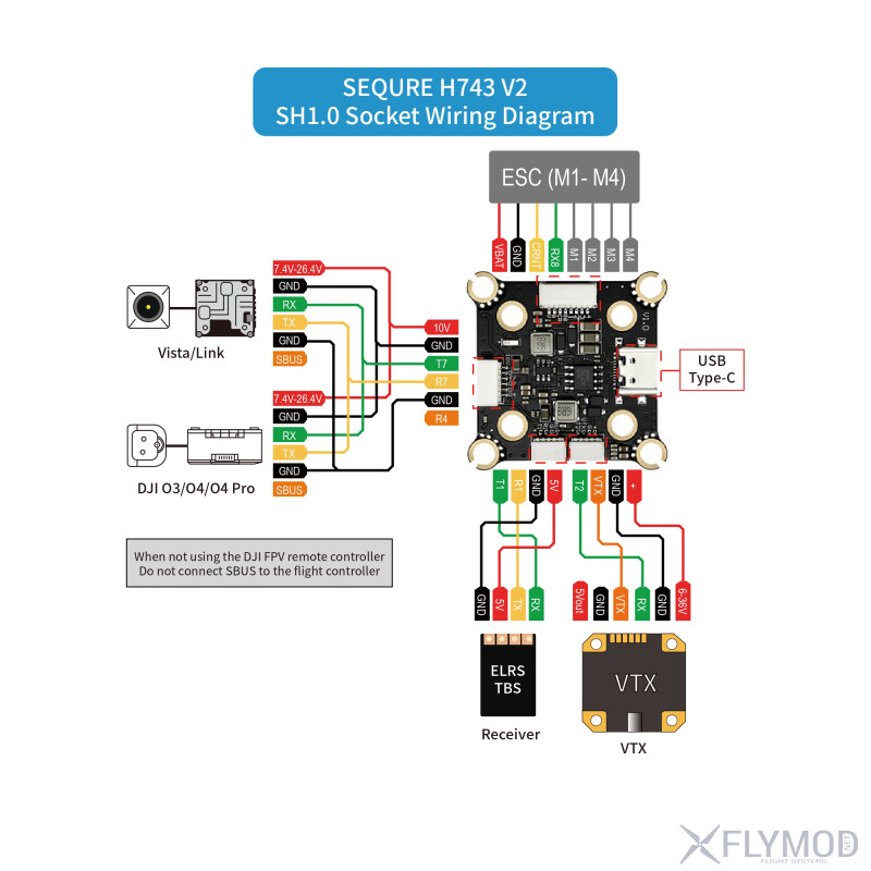 Стек контролю польоту SEQURE H743 V2 FC E130 E160 G2 ESC 4-12S 130A 160A wiring diagram схема підключення