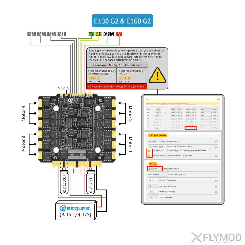 Стек контролю польоту SEQURE H743 V2 FC E130 E160 G2 ESC 4-12S 130A 160A wiring diagram схема підключення
