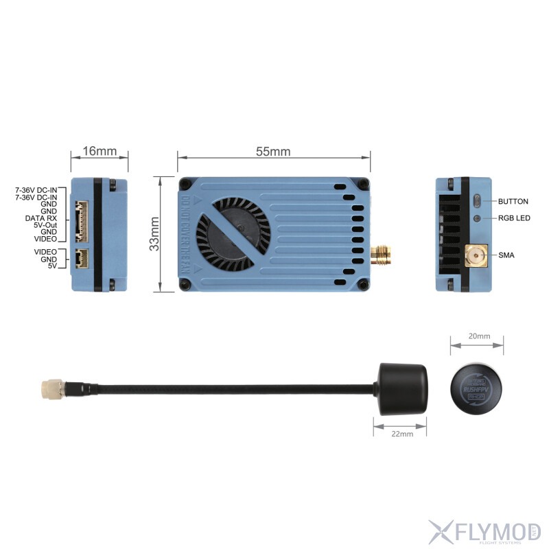 Відеопередавач RushFPV 4 8-6 1G 6 1-7 2G XSPAN 10W 8W VTX розмір підключення dimensions wiring